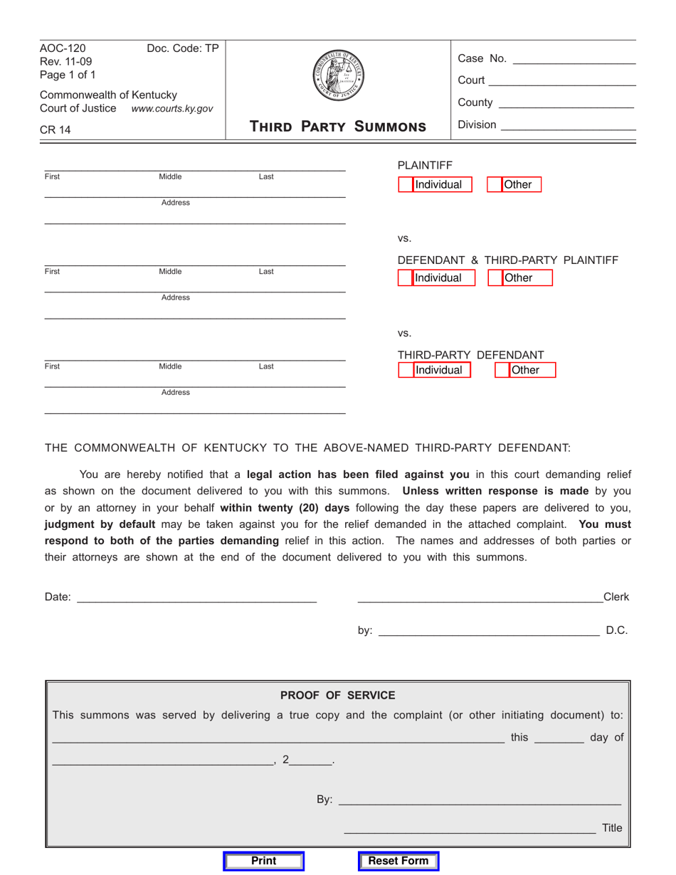 Form AOC-120 Third Party Summons - Kentucky, Page 1