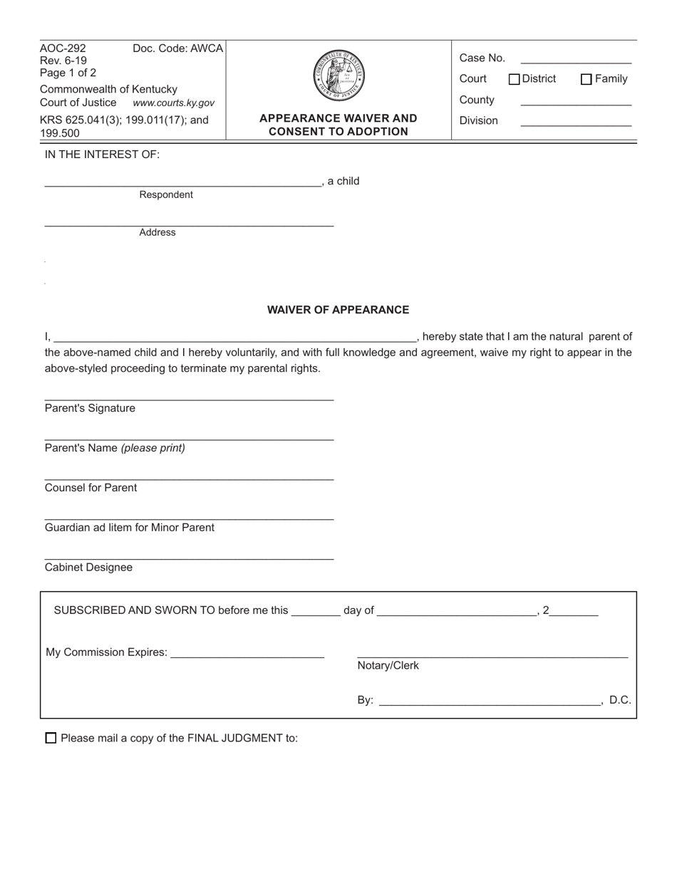 Form AOC-292 Appearance Waiver and Consent to Adoption - Kentucky, Page 1