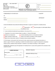 Document preview: Form AOC-492.1 Application for Hardship Driver's License (Restitution Owed /Theft-Related Offense) - Kentucky