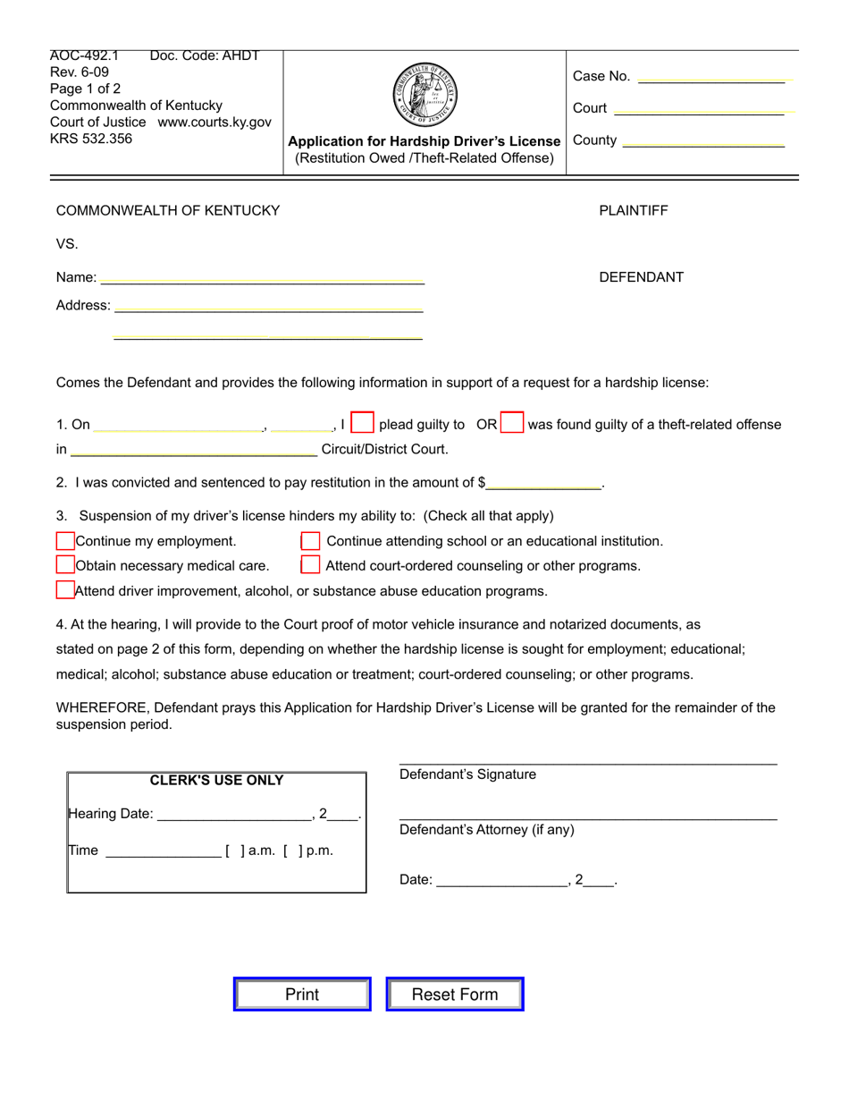 Form AOC-492.1 Application for Hardship Drivers License (Restitution Owed / Theft-Related Offense) - Kentucky, Page 1