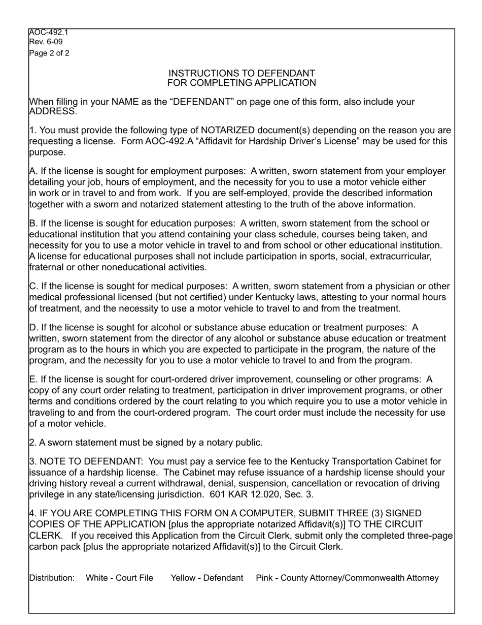Form AOC-492.1 Application for Hardship Drivers License (Restitution Owed / Theft-Related Offense) - Kentucky, Page 2