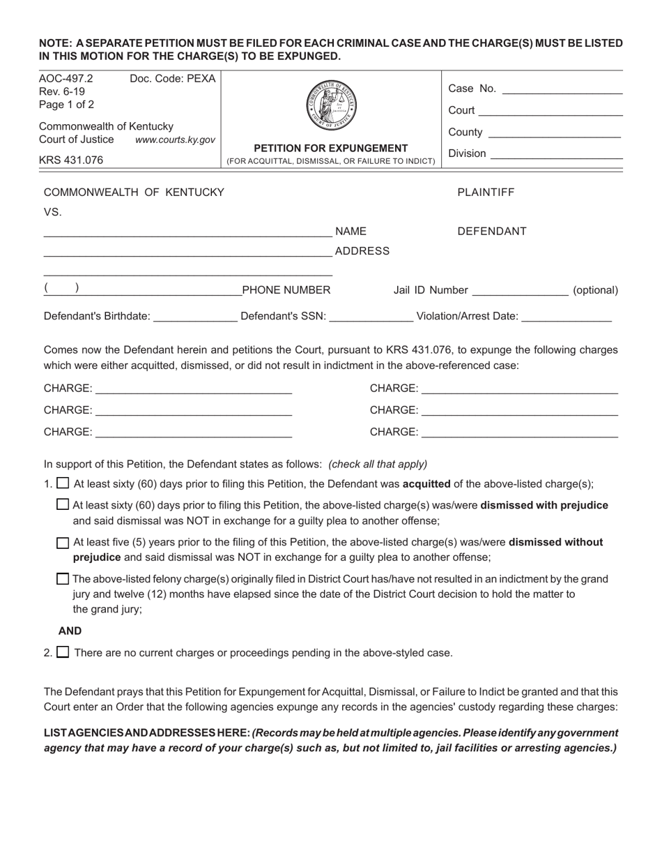 Form AOC-497.2 Petition for Expungement (For Acquittal, Dismissal, or Failure to Indict) - Kentucky, Page 1