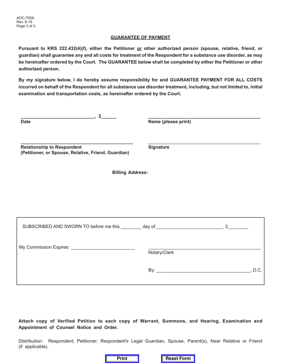 Form AOC-700A Verified Petition for 60 / 360 Day Involuntary Treatment (Substance Use Disorder) - Kentucky, Page 3