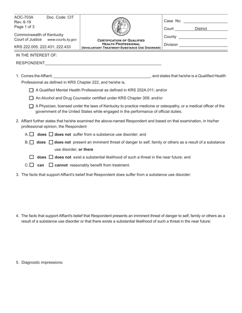 Form AOC-703A Certification of Qualified Health Professional (Involuntary Treatment-Substance Use Disorder) - Kentucky