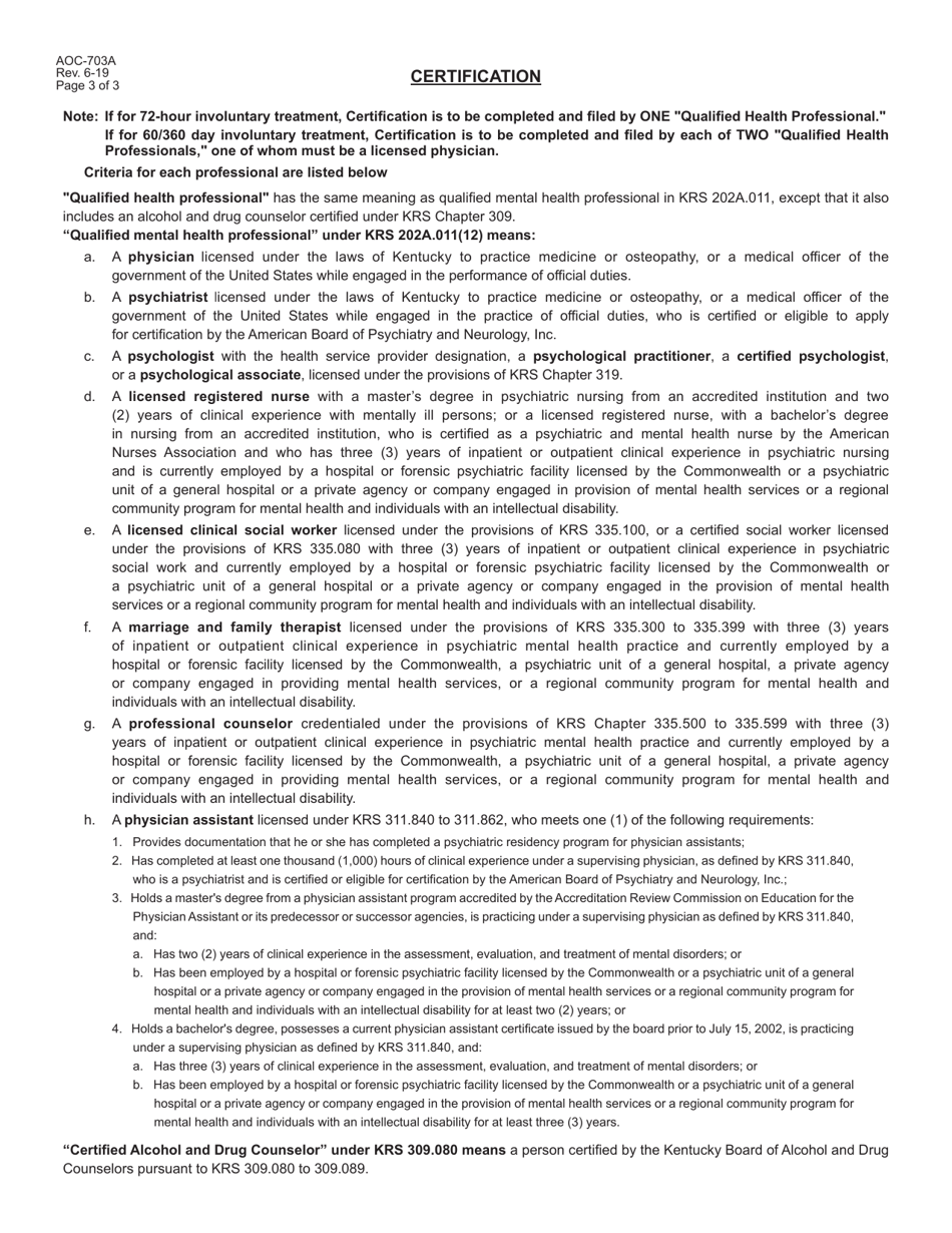 Form AOC703A Download Fillable PDF or Fill Online Certification of Qualified Health