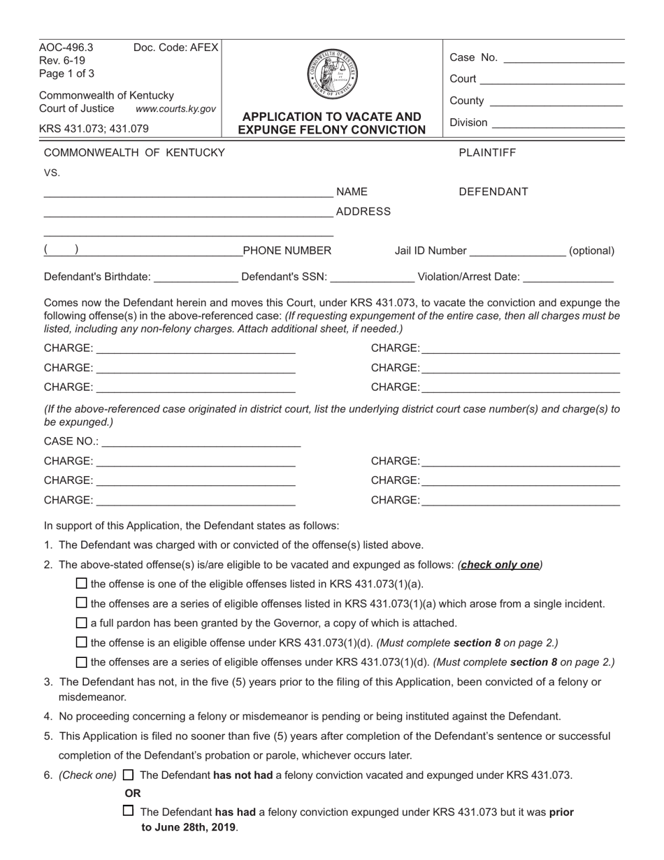 Form AOC-496.3 Application to Vacate and Expunge Felony Conviction - Kentucky, Page 1