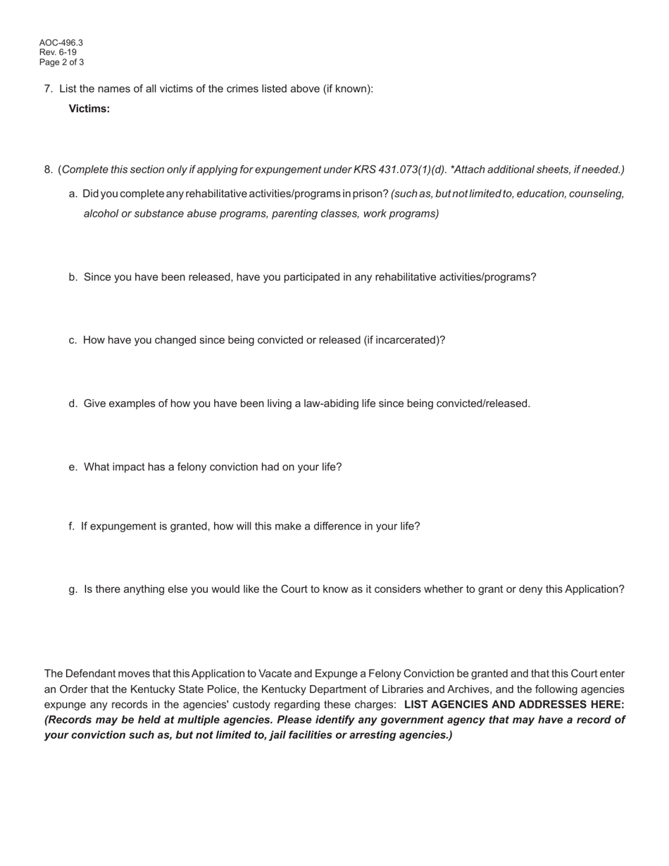 Form AOC-496.3 Application to Vacate and Expunge Felony Conviction - Kentucky, Page 2