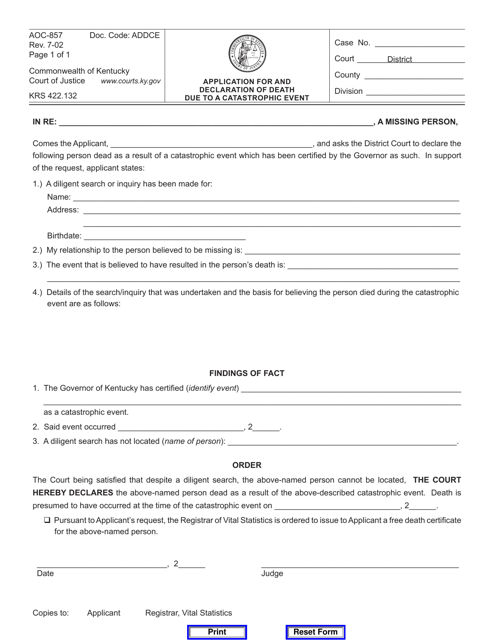 Form AOC-857 Application for and Declaration of Death Due to a Catastrophic Event - Kentucky