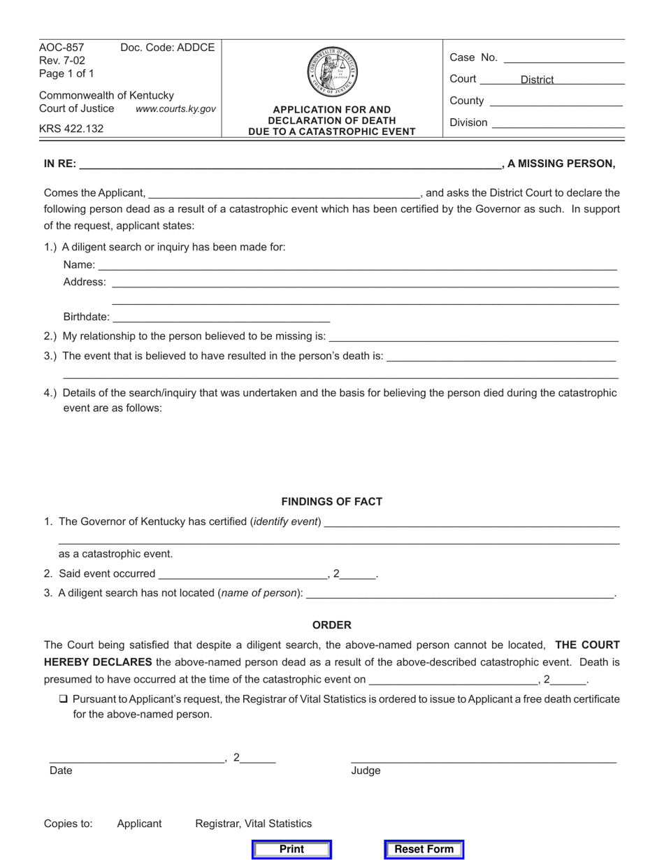 Form AOC-857 Application for and Declaration of Death Due to a Catastrophic Event - Kentucky, Page 1