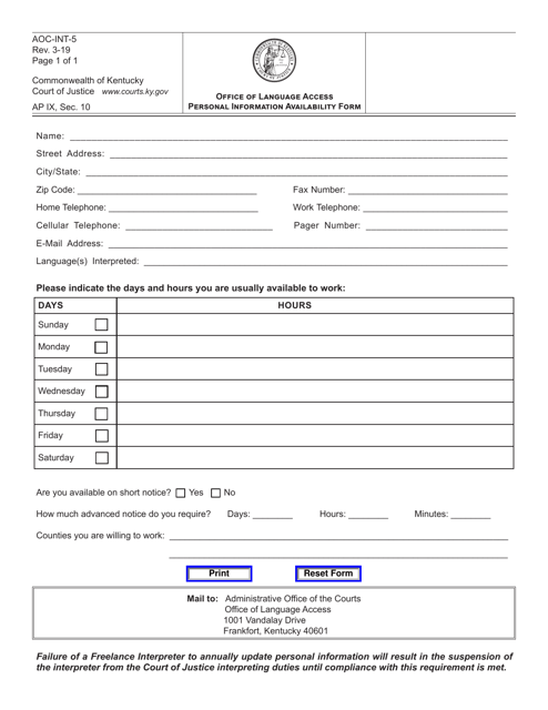 Form AOC-INT-5 Court Interpreting Services Information Form - Kentucky