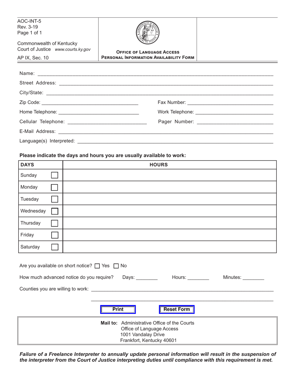 Form AOC-INT-5 Court Interpreting Services Information Form - Kentucky, Page 1