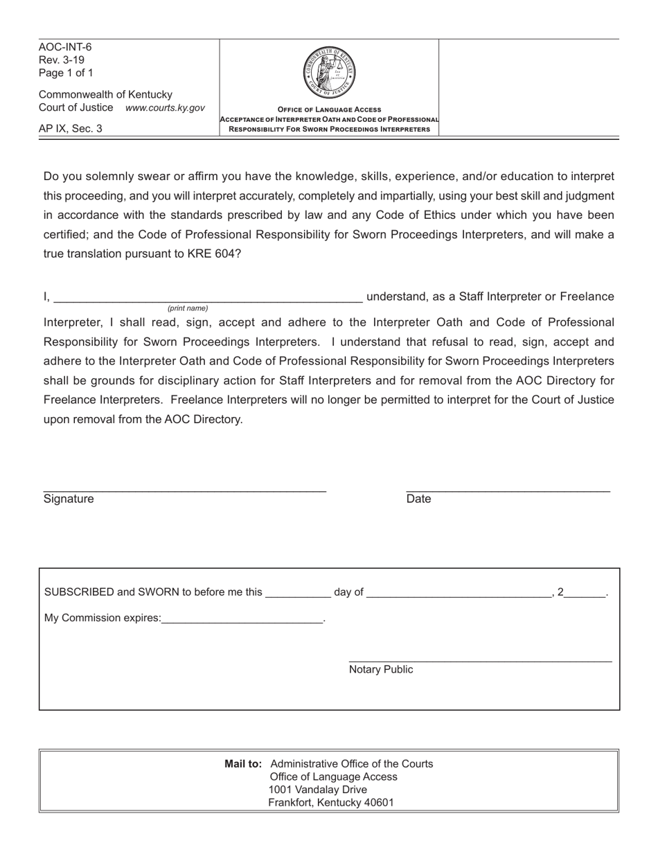 Form AOC-INT-6 Court Interpreting Services Acceptance of Interpreter Oath and Code of Professional Responsibility - Kentucky, Page 1