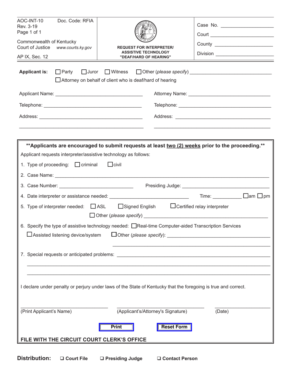 Form AOC-INT-10 Request for Interpreter/Assistive Technology deaf/Hard of Hearing - Kentucky, Page 1