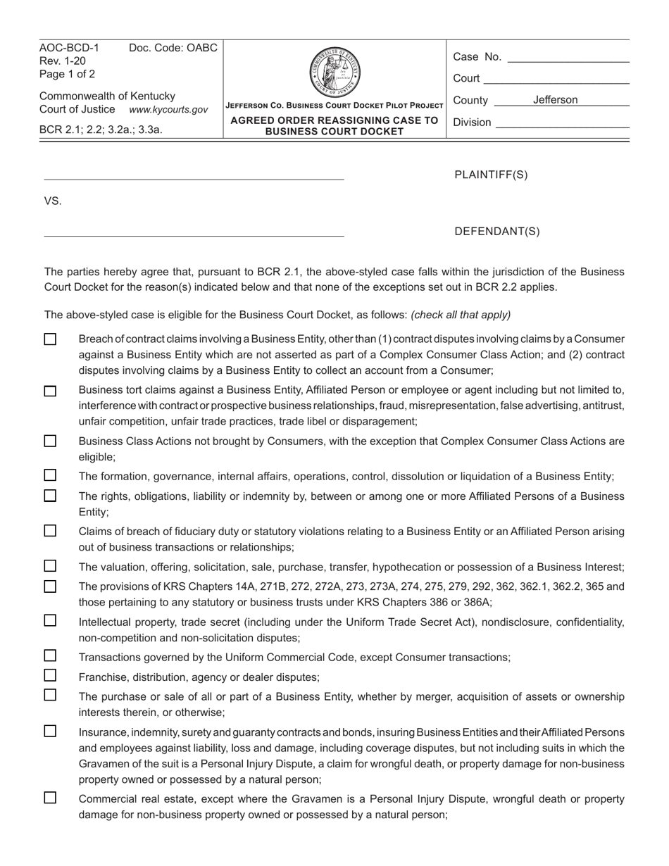 Form AOC-BCD-1 Agreed Order Reassigning Case to Business Court Docket - Kentucky, Page 1