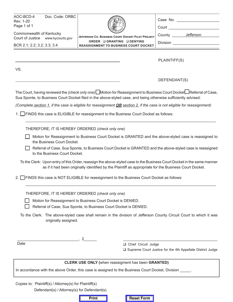 Form AOC-BCD-4 Order Granting / Denying Reassignment to Business Court Docket - Kentucky, Page 1