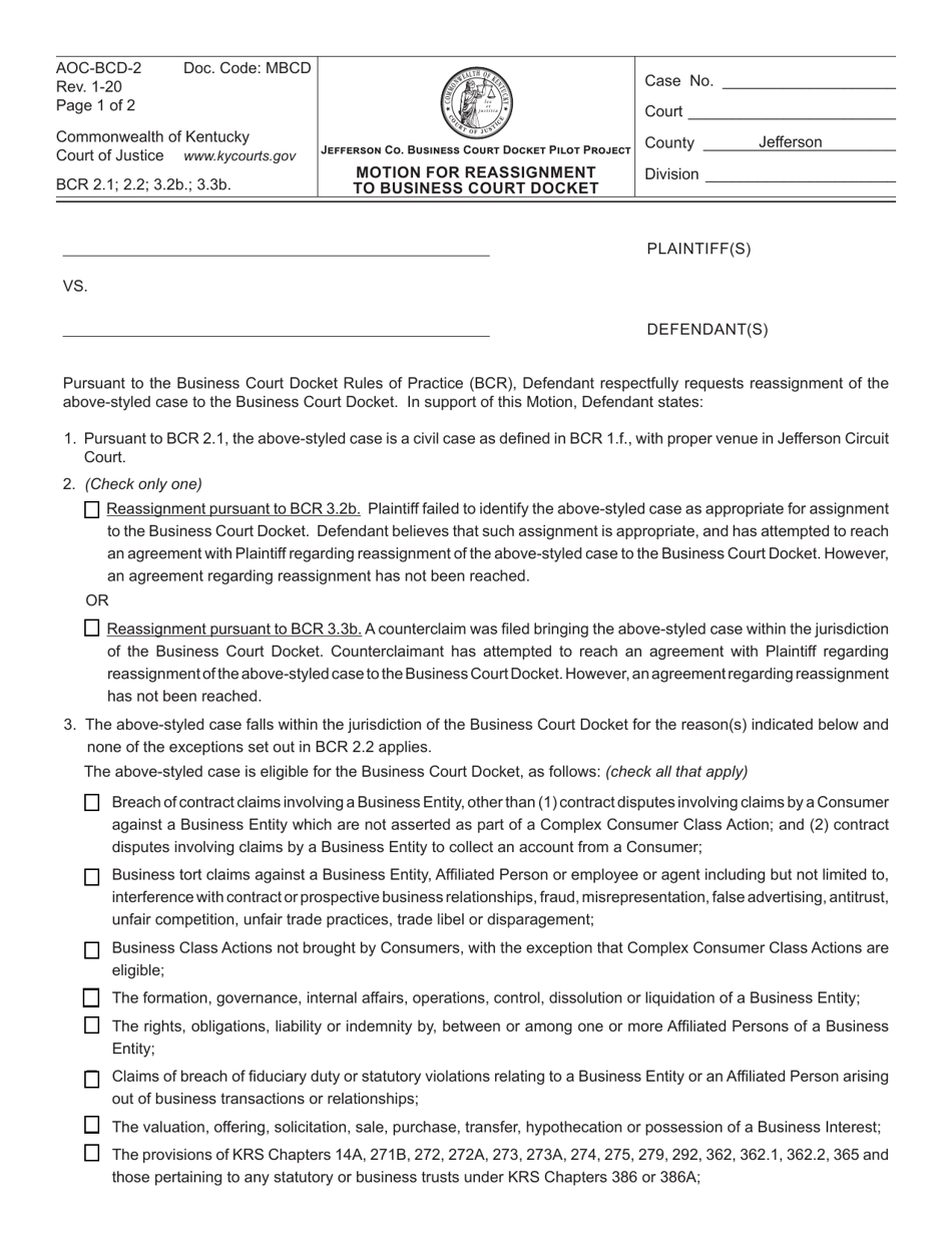 Form AOC-BCD-2 Motion for Reassignment to Business Court Docket - Kentucky, Page 1