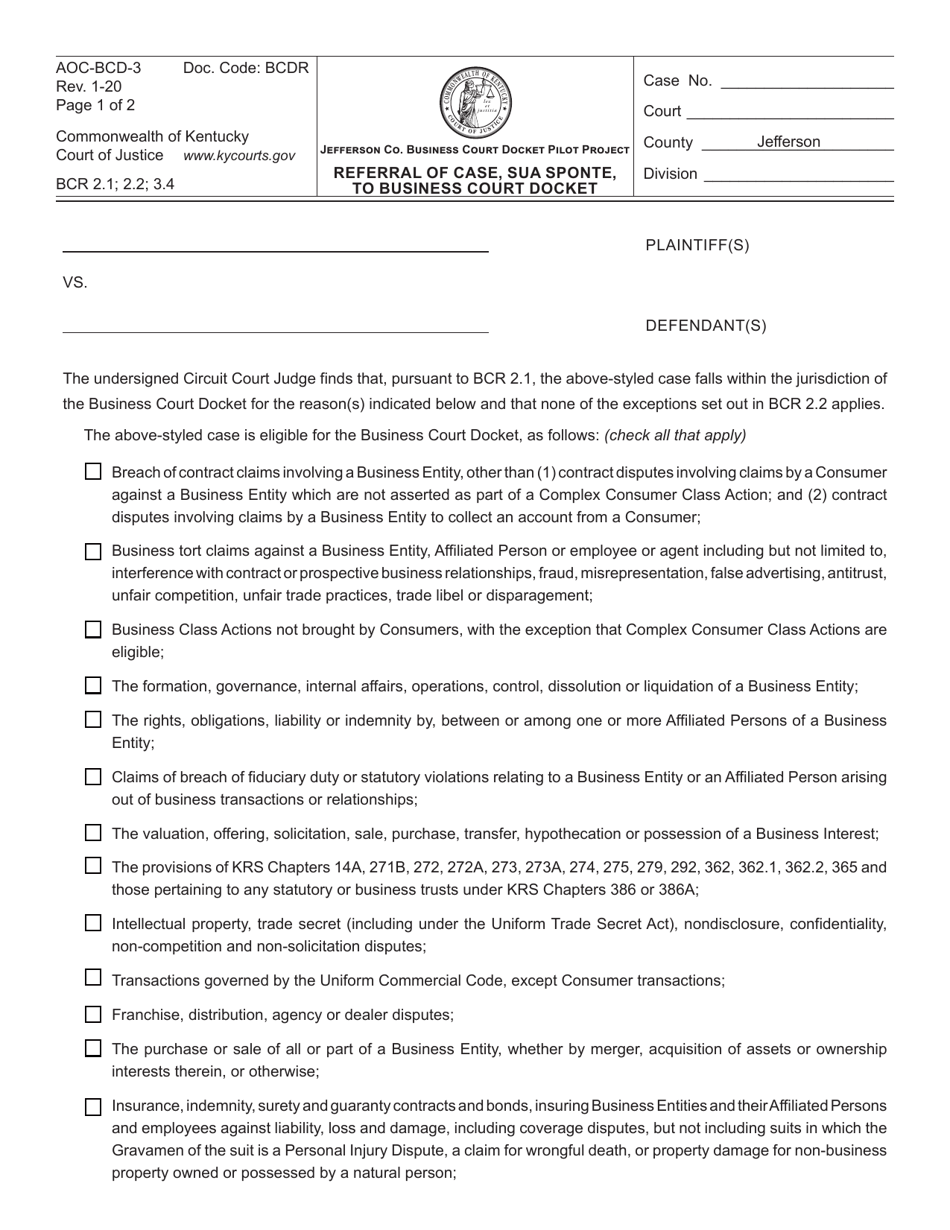 Form AOC-BCD-3 Referral of Case, Sua Sponte, to Business Court Docket - Kentucky, Page 1