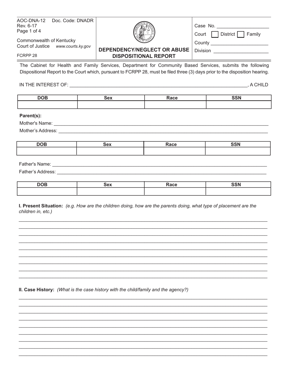 Form AOC-DNA-12 Dependency / Neglect or Abuse Dispositional Report - Kentucky, Page 1