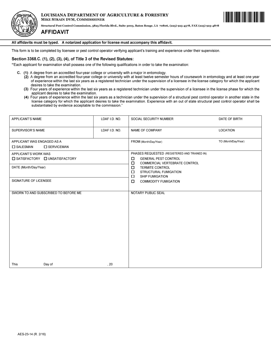 Form AES-23-14 Affidavit for Structural Pest Control License - Louisiana, Page 1
