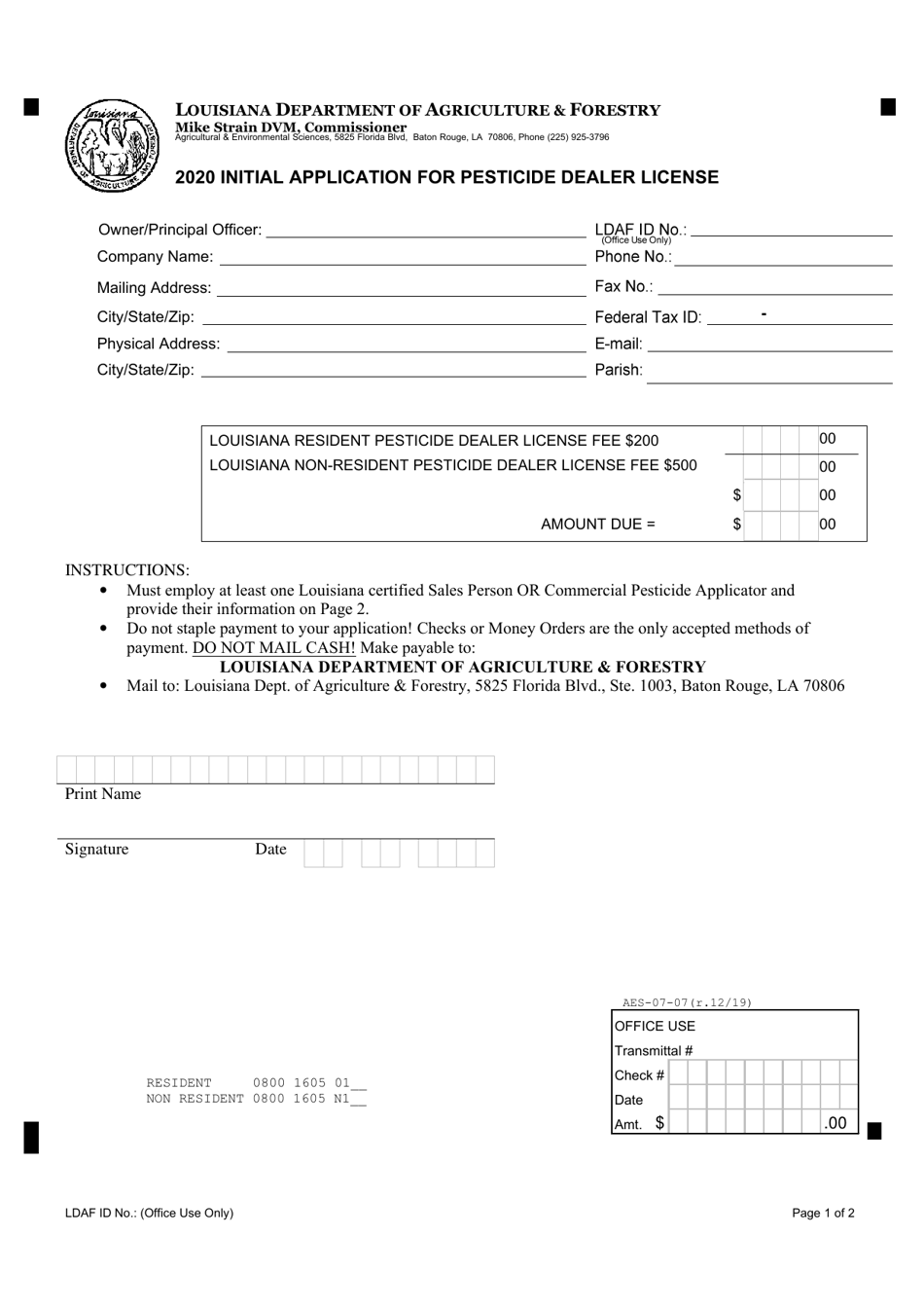 Initial Application for Pesticide Dealer License - Louisiana, Page 1