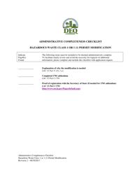 Document preview: Administrative Completeness Checklist Hazardous Waste Class 1 or 1 (1) Permit Modification - Louisiana