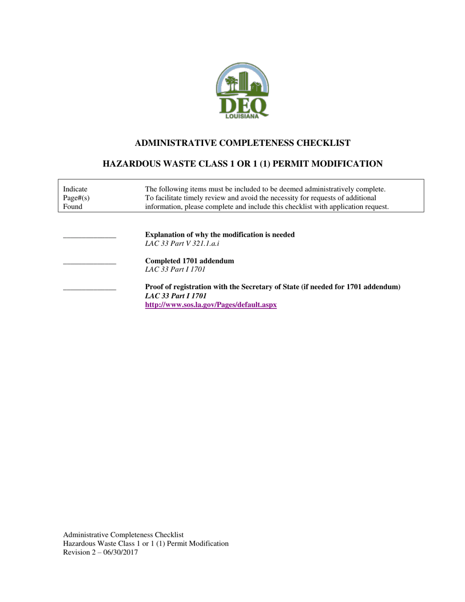 Modification Checklist.pdf Louisiana Administrative Completeness Checklist Hazardous Waste Class 1 ...