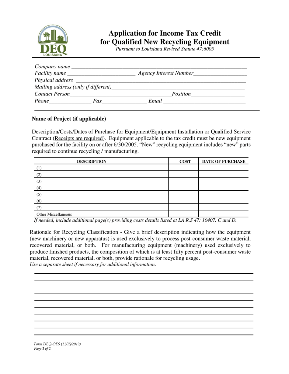 Form DEQ-OES Application for Income Tax Credit for Qualified New Recycling Equipment - Louisiana, Page 1
