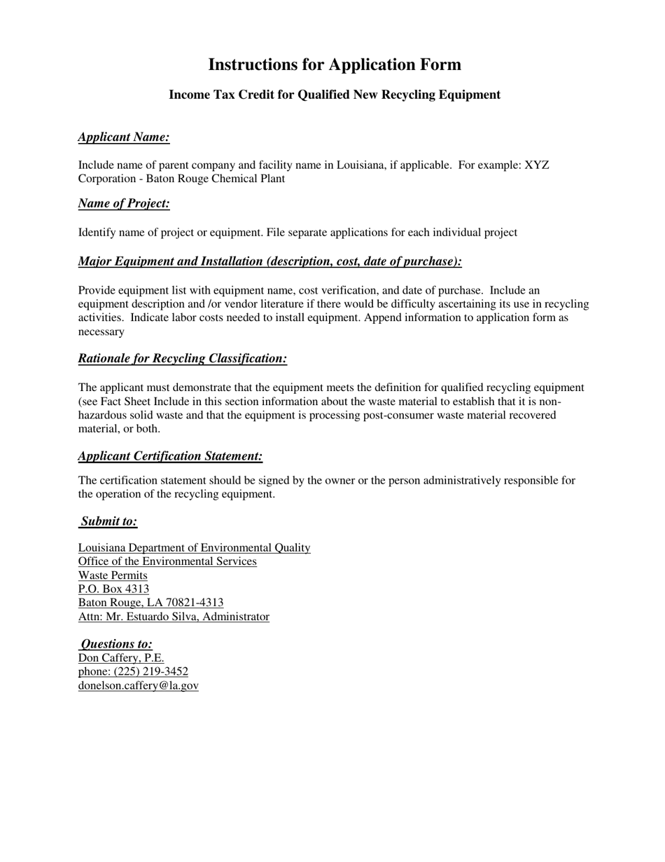 Form DEQ-OES Application for Income Tax Credit for Qualified New Recycling Equipment - Louisiana, Page 3