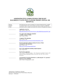 Document preview: Administrative Completeness Checklist Hazardous Waste Post-closure Permit (Initial or Renewal) - Louisiana
