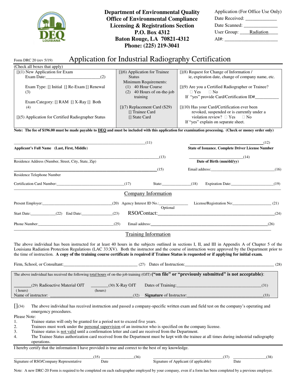 Form DRC20 Application for Industrial Radiography Certification - Louisiana, Page 1