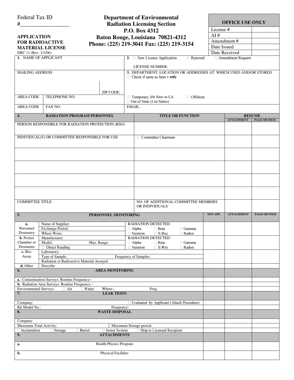 Form DRC11 Application for Radioactive Material License - Louisiana, Page 1