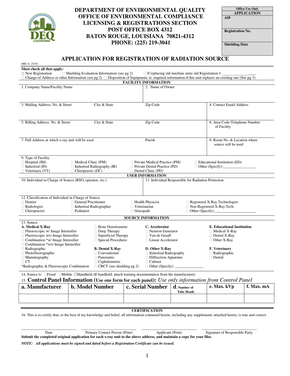 Form DRC-6 Application for Registration of Radiation Source - Louisiana, Page 1