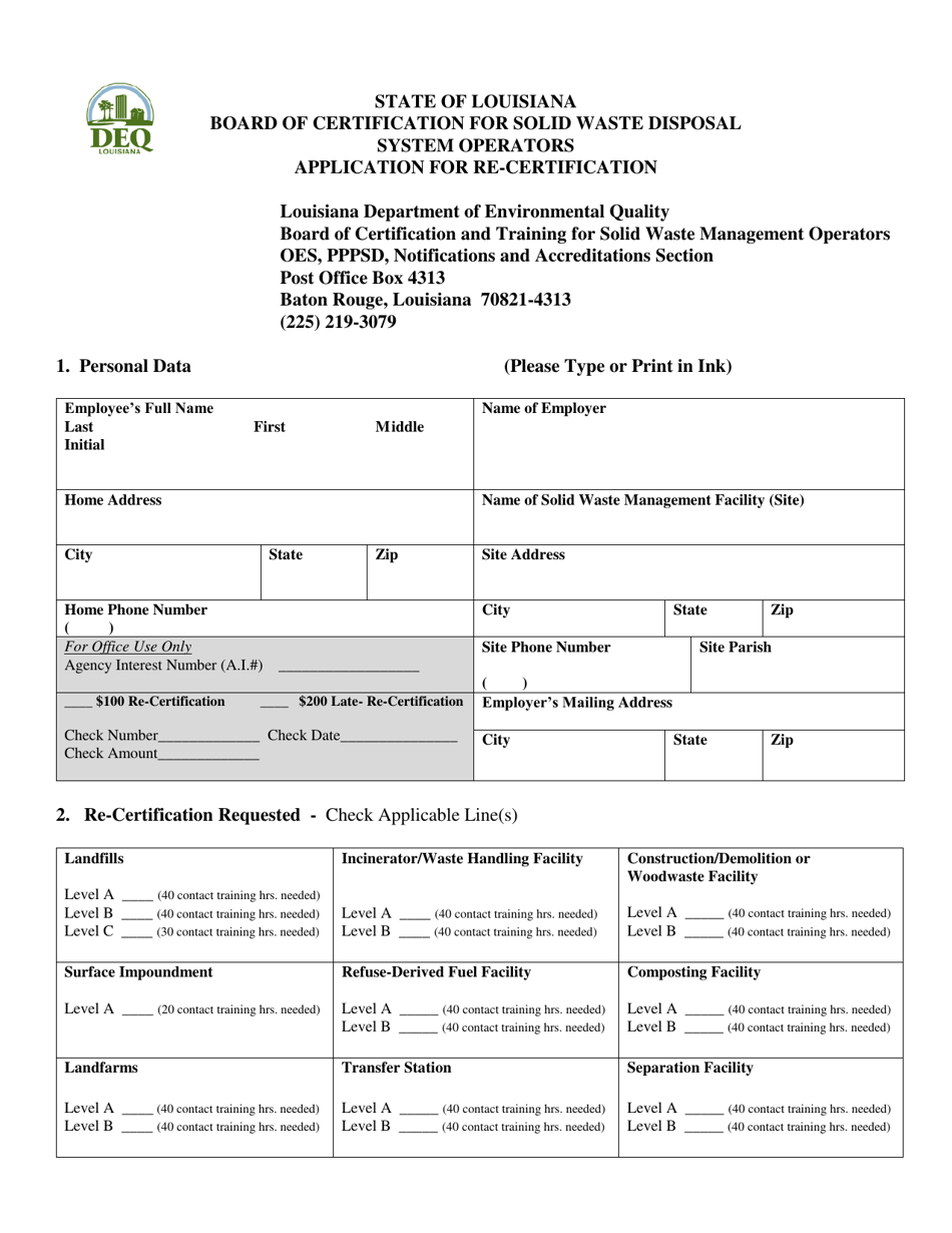 Solid Waste Operator Re-certification Application - Louisiana, Page 1