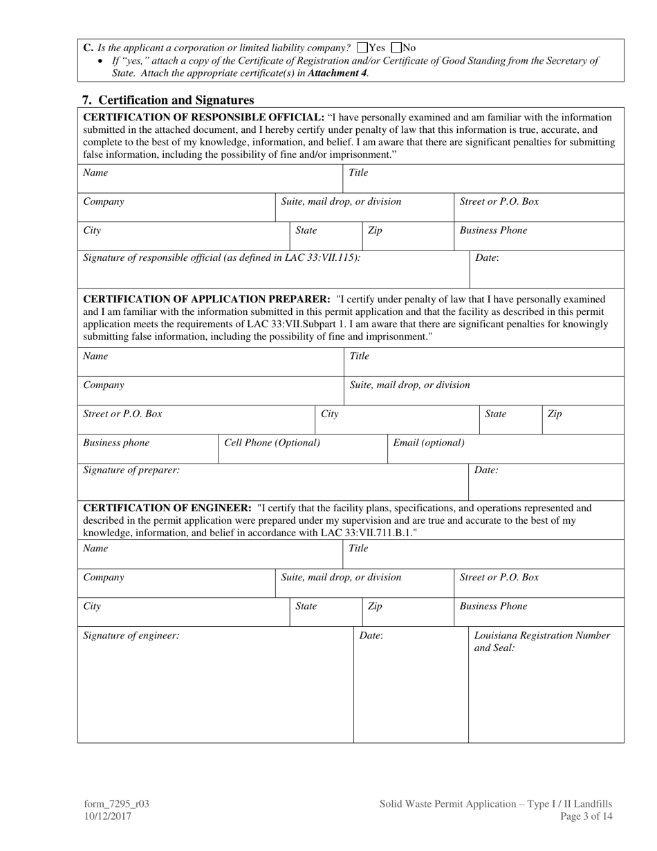 Form 7295 Solid Waste Permit Application - Type I / II Landfills - Louisiana, Page 3