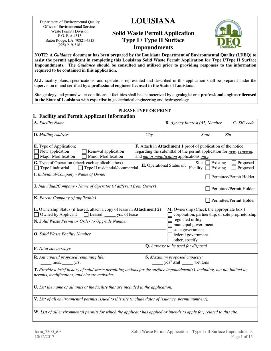 Form 7300 Solid Waste Permit Application - Type I / Type II Surface Impoundments - Louisiana, Page 1