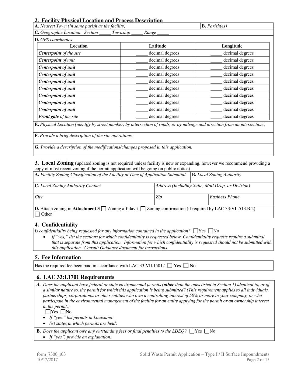 Form 7300 Solid Waste Permit Application - Type I / Type II Surface Impoundments - Louisiana, Page 2
