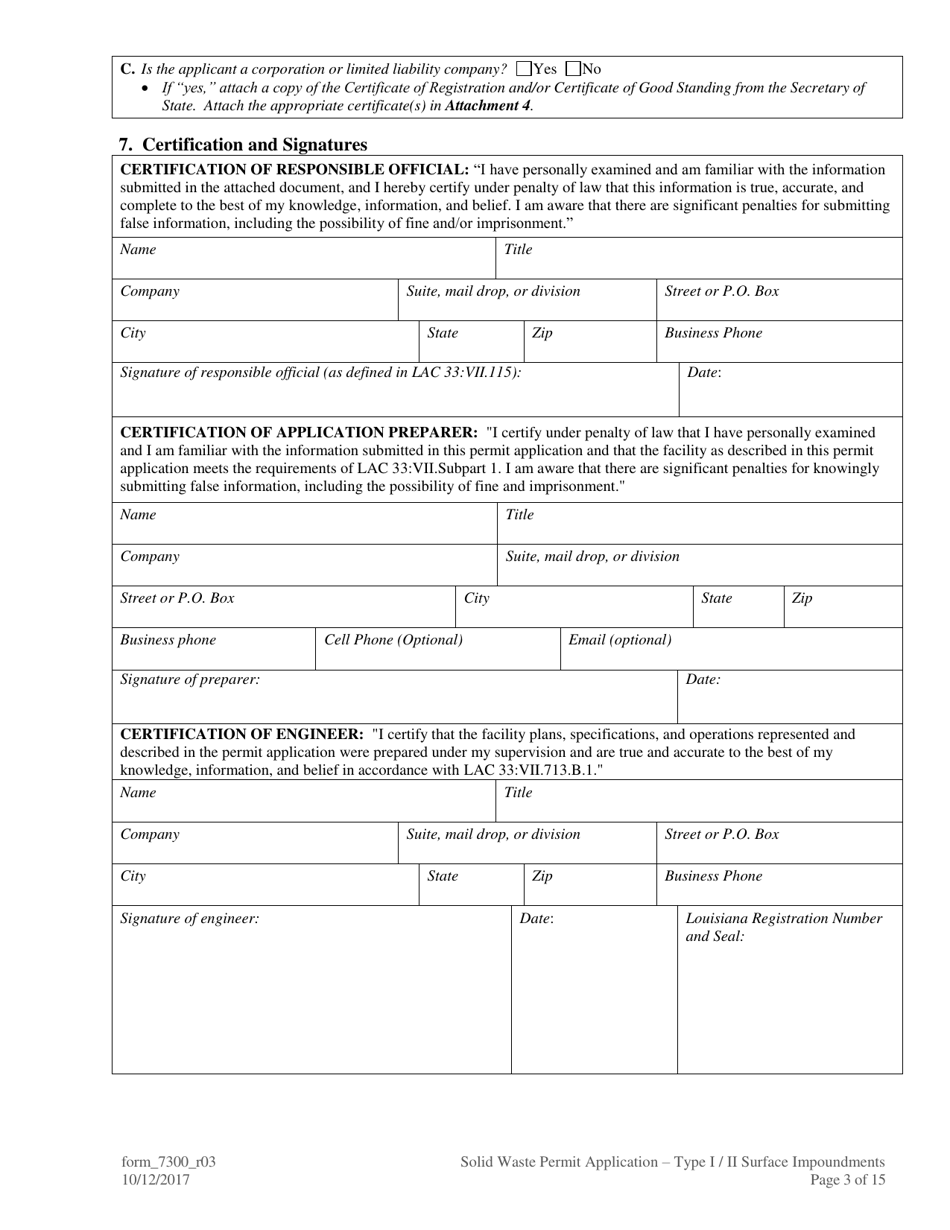 Form 7300 Solid Waste Permit Application - Type I / Type II Surface Impoundments - Louisiana, Page 3