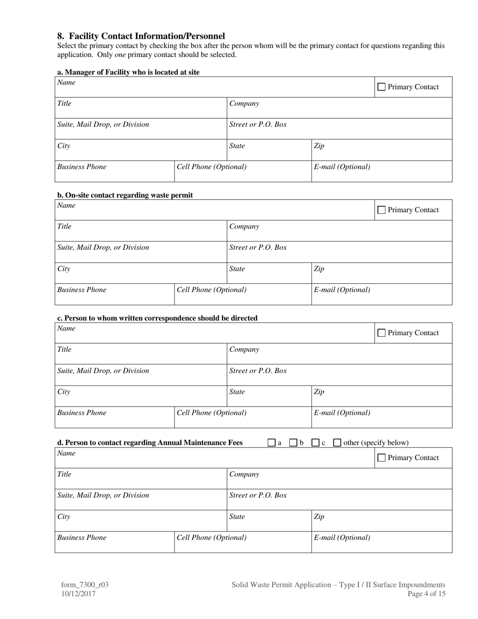 Form 7300 Solid Waste Permit Application - Type I / Type II Surface Impoundments - Louisiana, Page 4