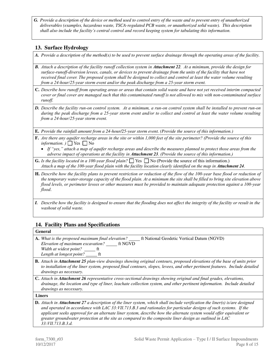 Form 7300 Solid Waste Permit Application - Type I / Type II Surface Impoundments - Louisiana, Page 8