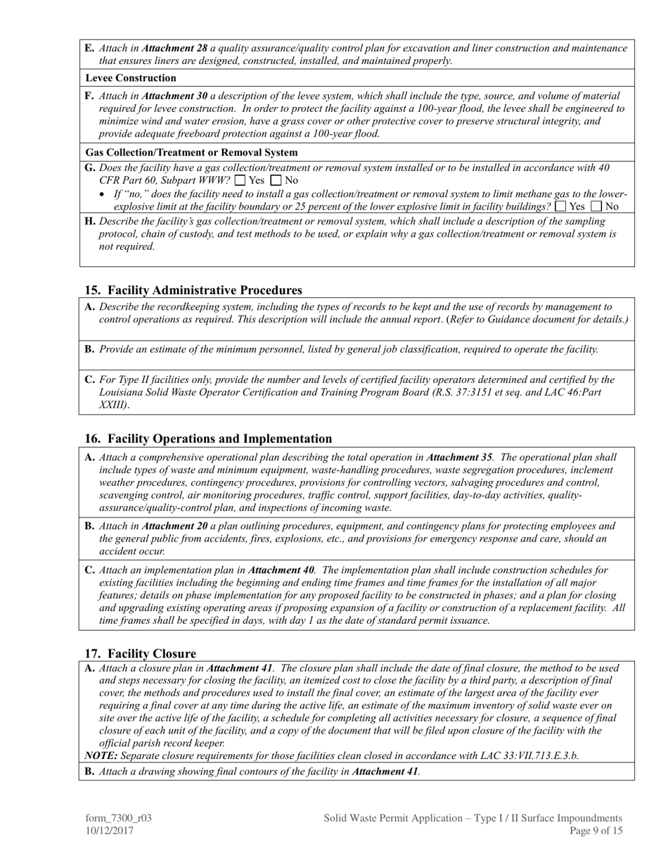 Form 7300 Solid Waste Permit Application - Type I / Type II Surface Impoundments - Louisiana, Page 9