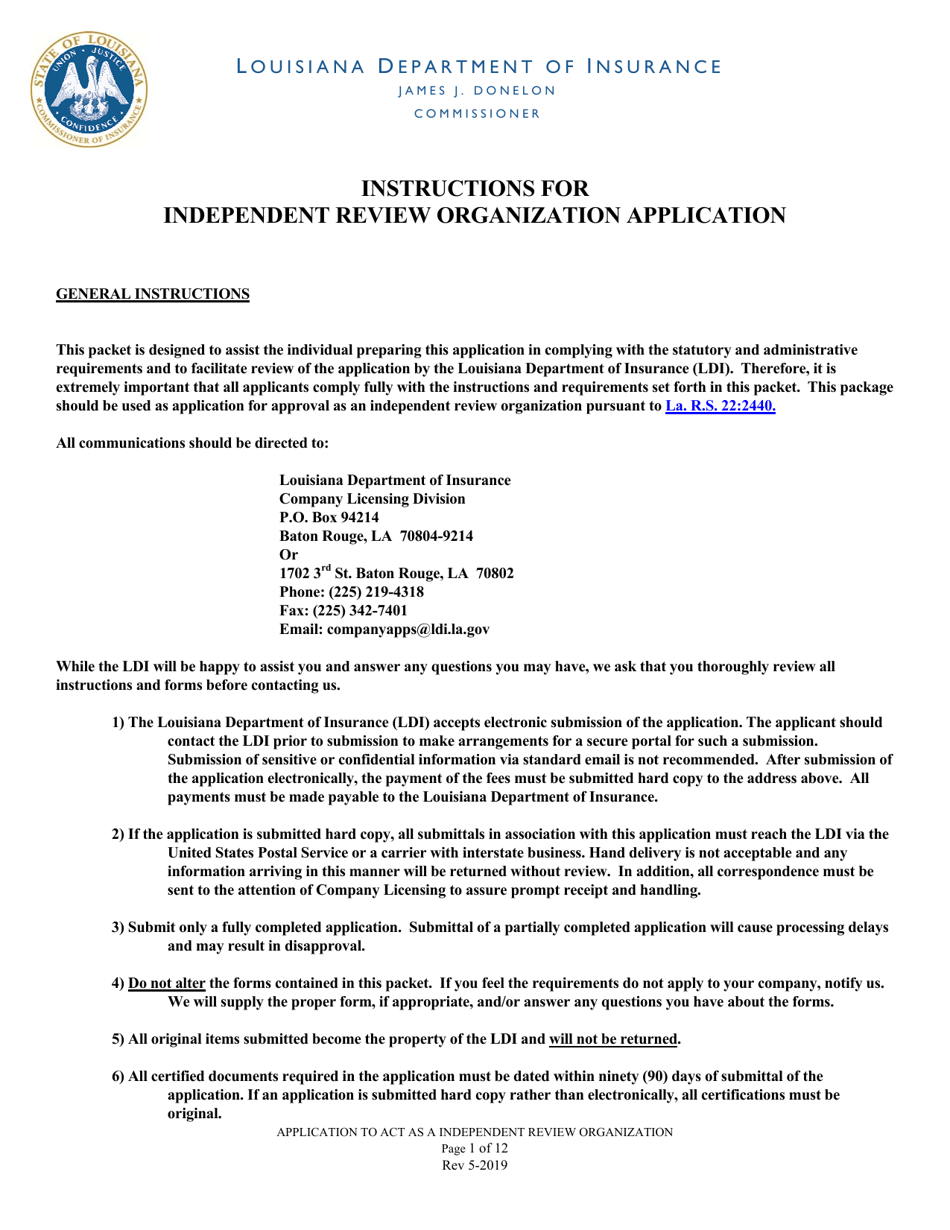 Application to Act as a Independent Review Organization in the State of Louisiana - Louisiana, Page 1