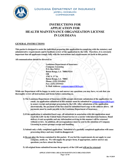 Application for Health Maintenance Organization License in Louisiana - Louisiana Download Pdf