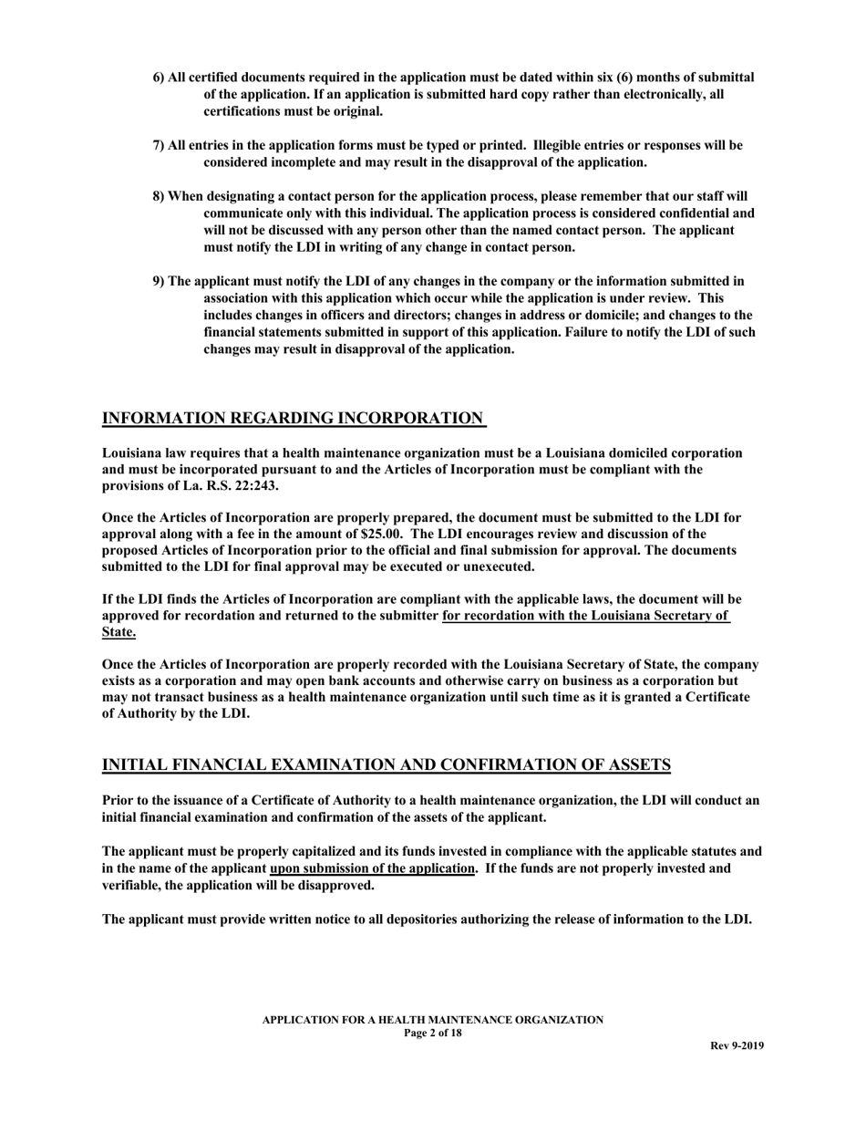 Application for Health Maintenance Organization License in Louisiana - Louisiana, Page 2
