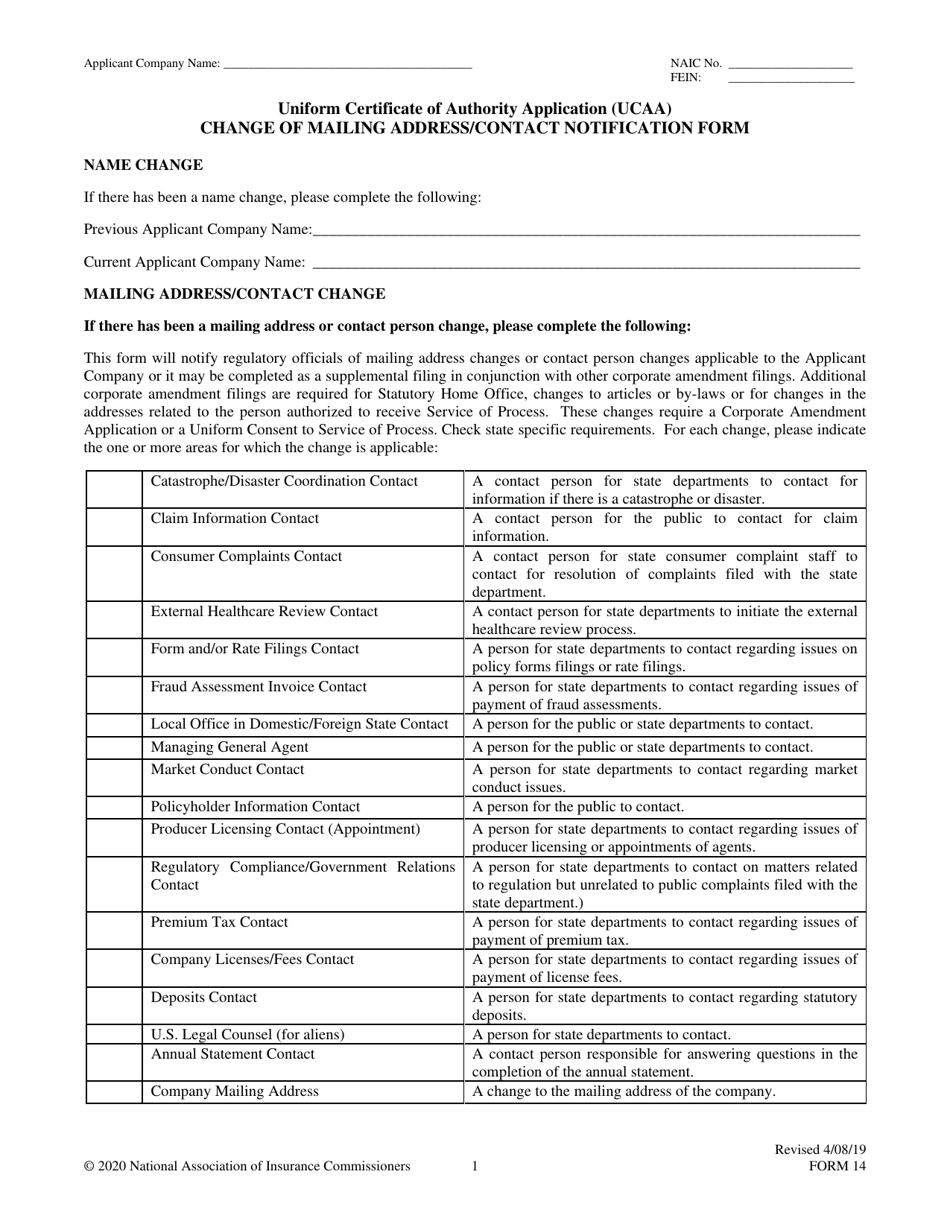 Form 14 Uniform Certificate of Authority Application (Ucaa) Change of Mailing Address / Contact Notification Form, Page 1