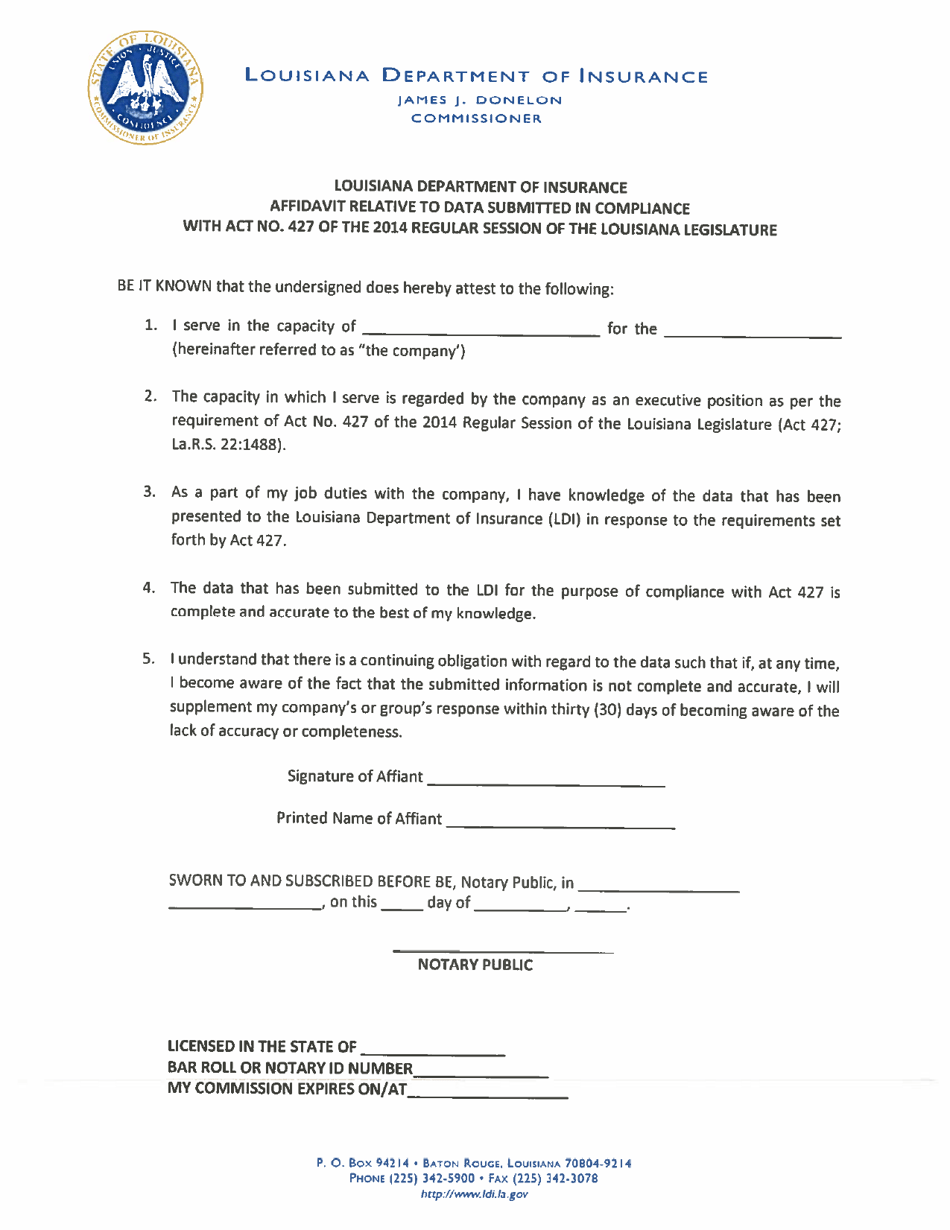 Affidavit Relative to Data Submitted in Compliance With Act No. 427 of the 2014 Regular Session of the Louisiana Legislature - Louisiana, Page 1