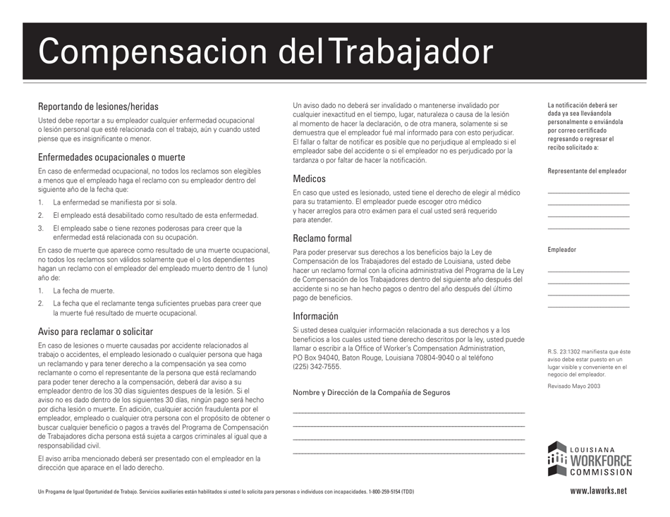 Compensacion Del Trabajador (Carta Blanco Y Negro) - Louisiana (Spanish), Page 1