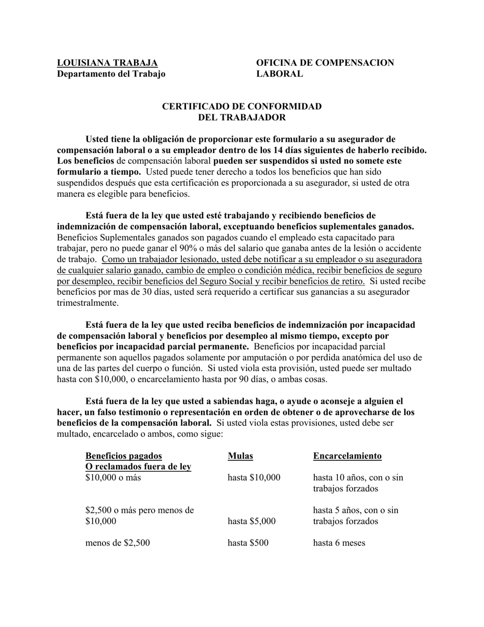 Formulario LDOL-WC1025.EE Certificado De Conformidad Del Trabajador - Louisiana (Spanish), Page 1