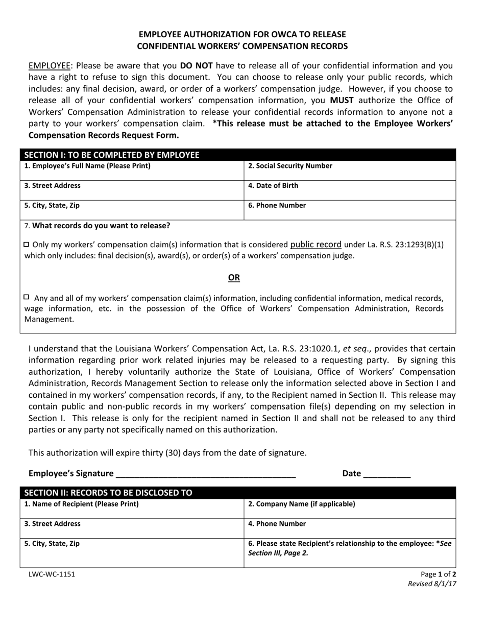 Form LWC-WC-1151 Employee Authorization for Owca to Release Confidential Workers Compensation Records - Louisiana, Page 1