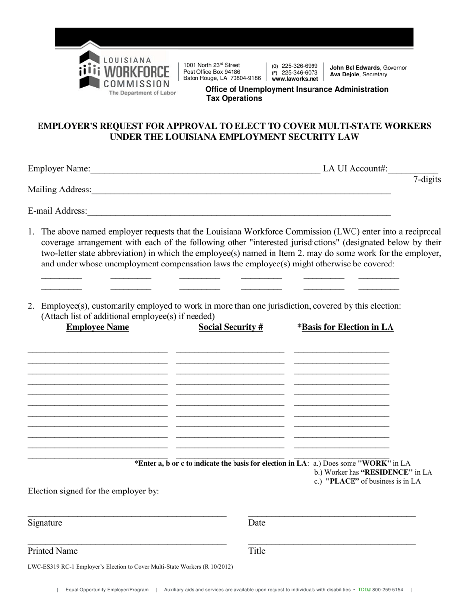 Form LWC-ES319 RC-1 Employers Request for Approval to Elect to Cover Multi-State Workers Under the Louisiana Employment Security Law - Louisiana, Page 1