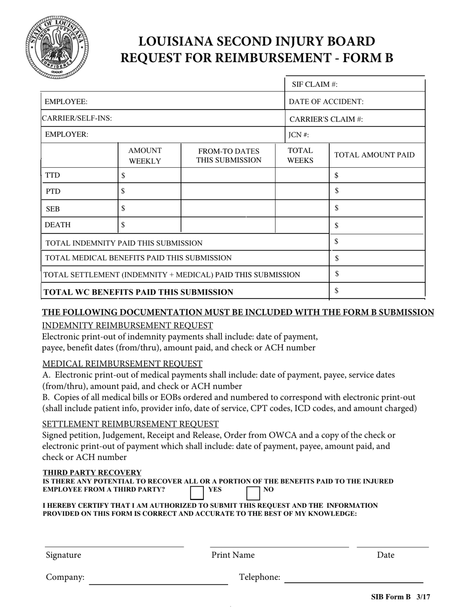 SIB Form B Request for Reimbursement - Louisiana, Page 1